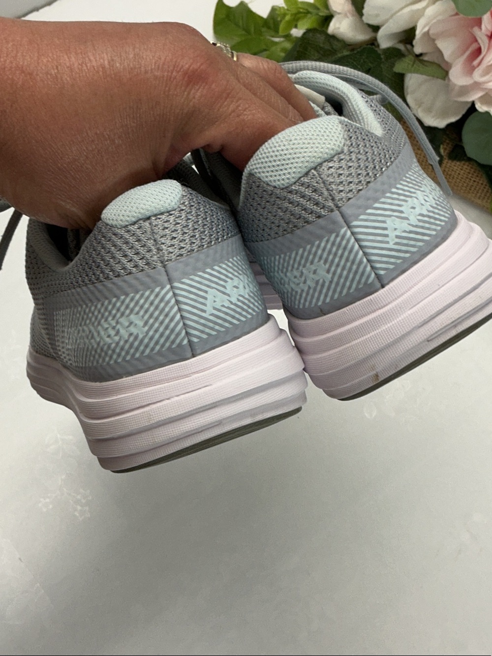 Under Armour Women's Light Gray and Pale Blue Mesh Athletic Sneakers - Picture 3 of 5
